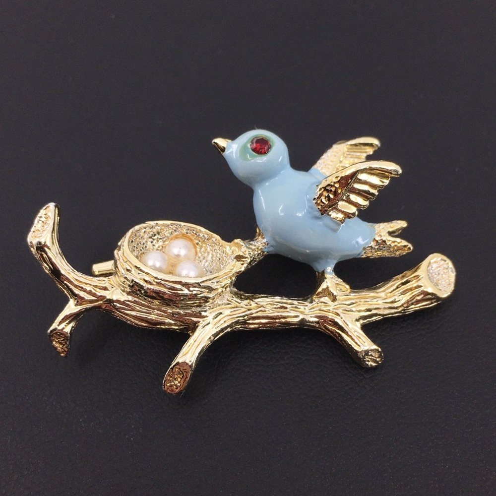 Vintage Gerry's Blue Enamel Bird Pearls Eggs Nest Brooch Pin 60’s Mid Century - Picture 4 of 8